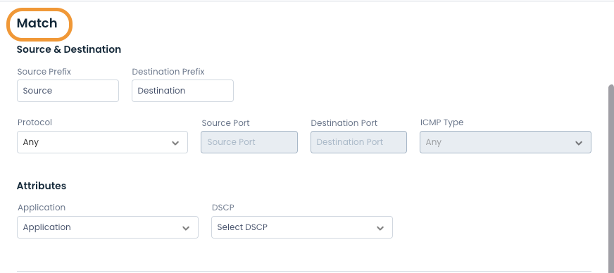 Configuration options for source and destination settings in a network application interface.